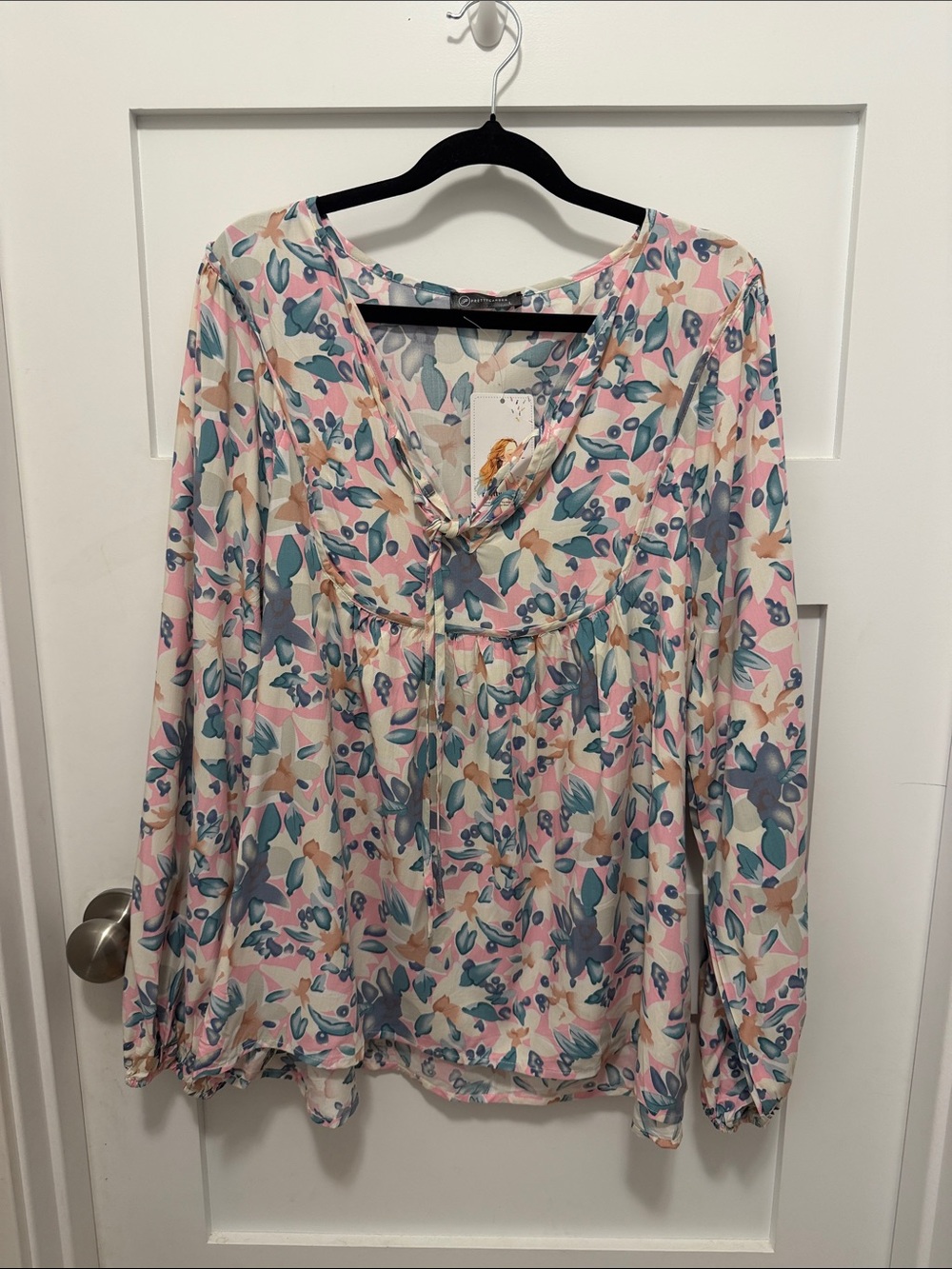 Women's Floral V-Neck Long Sleeve Blouse — Pink, Blue & Cream
